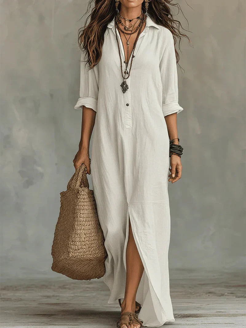 Vestido largo tipo camisa con abertura