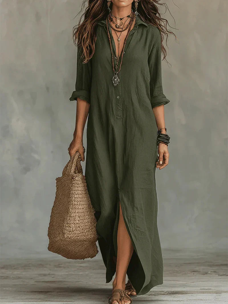 Vestido largo tipo camisa con abertura