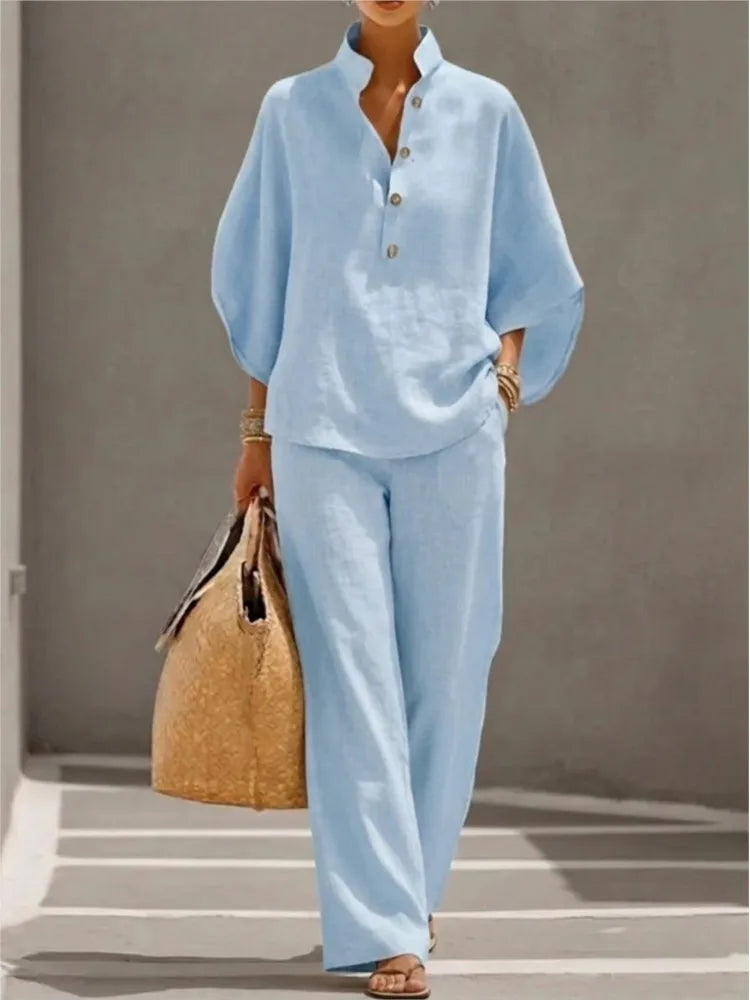 Traje de dos piezas de moda para mujer, de algodón y lino.