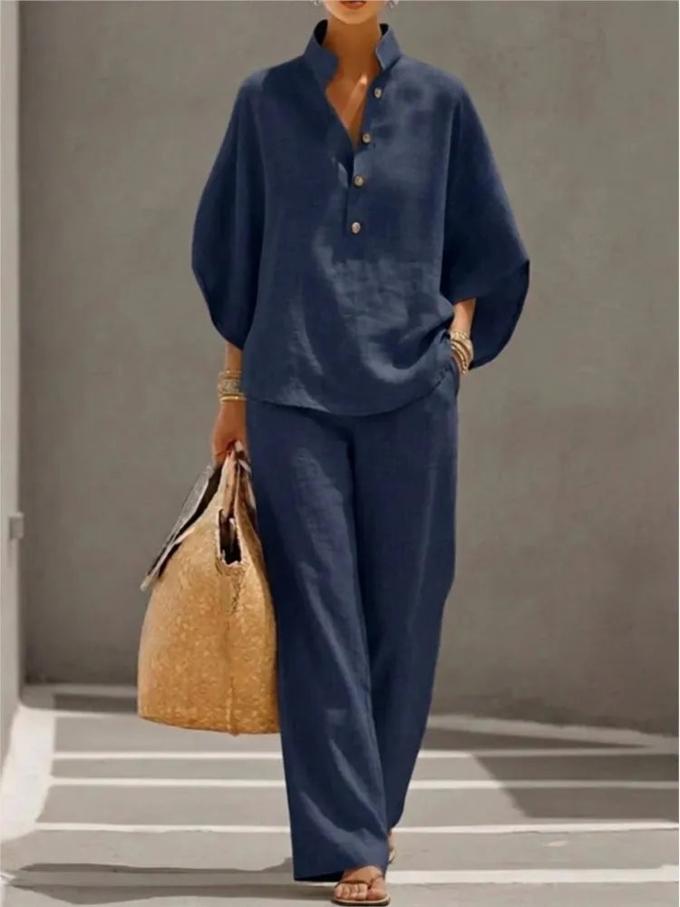 Traje de dos piezas de moda para mujer, de algodón y lino.