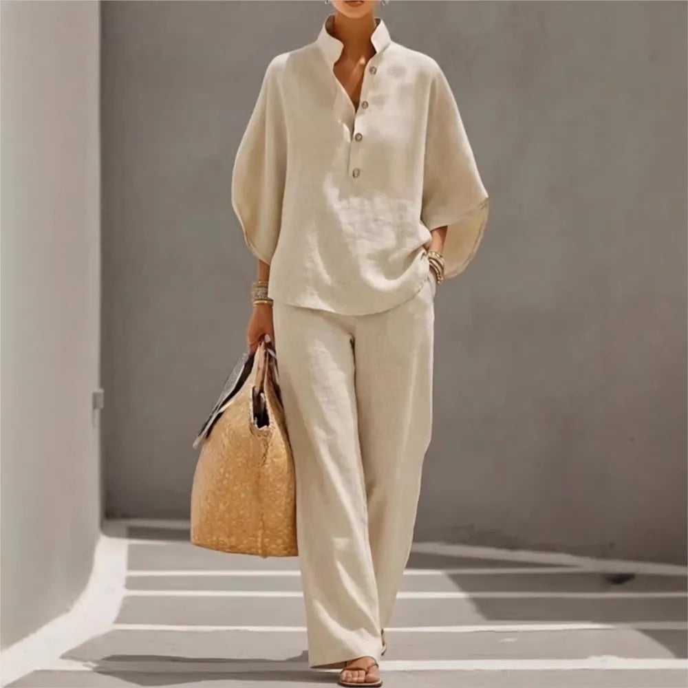 Traje de dos piezas de moda para mujer, de algodón y lino, con cuello de pie y botones, mangas de tres cuartos, corte holgado; traje informal de primavera con pantalones de pierna ancha