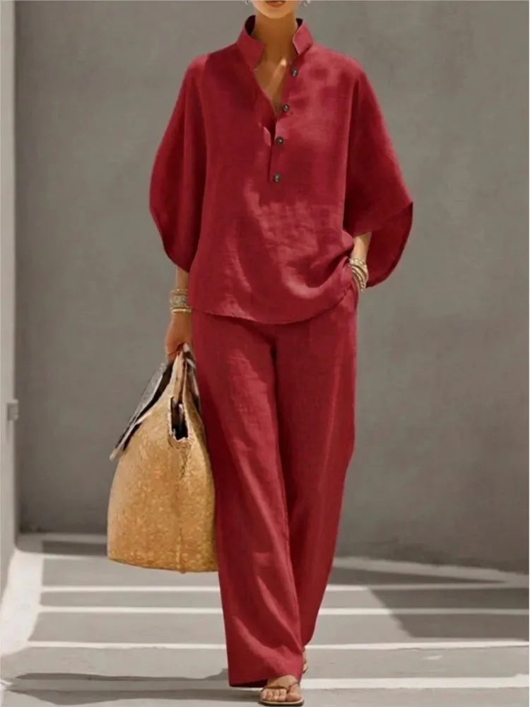 Traje de dos piezas de moda para mujer, de algodón y lino.