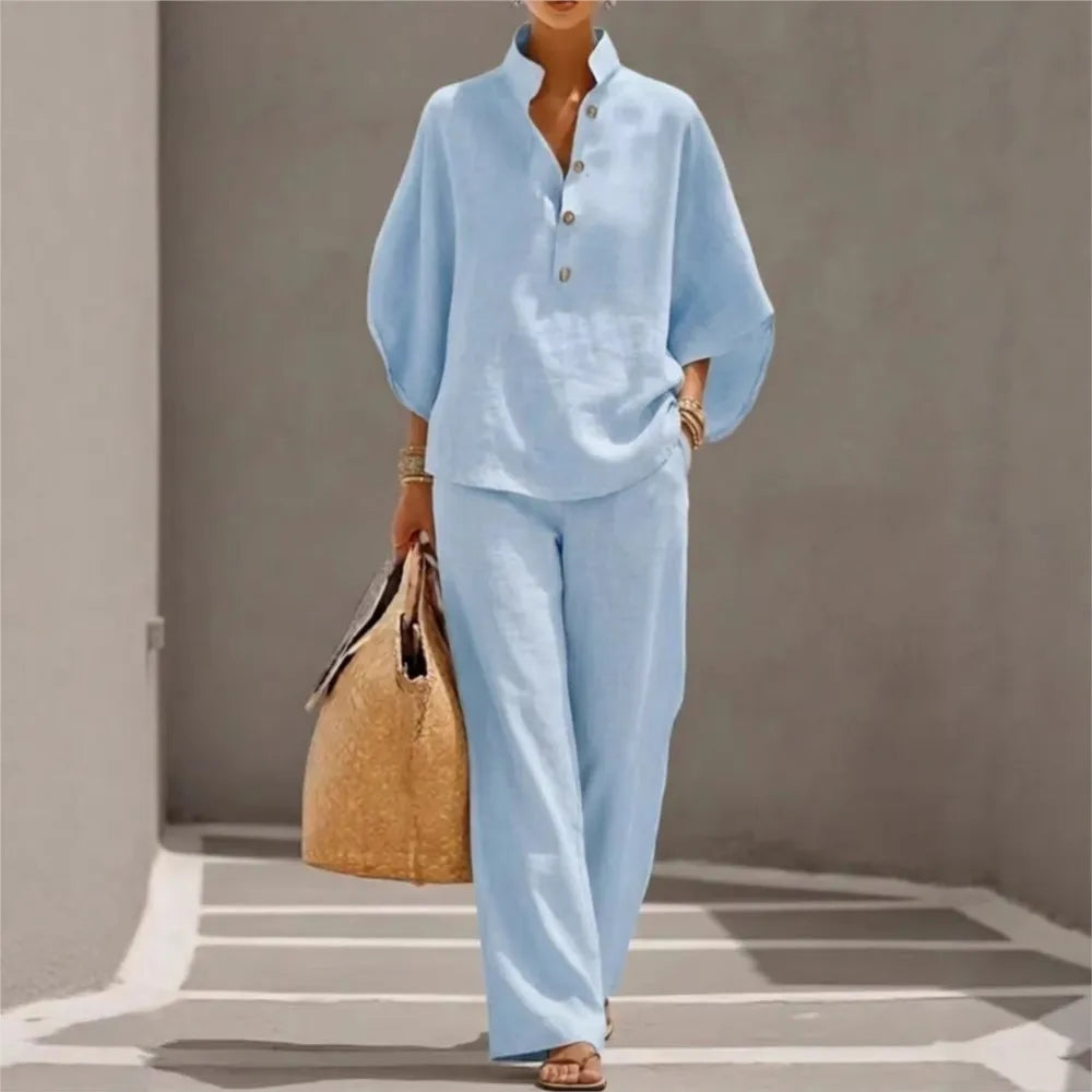 Traje de dos piezas de moda para mujer, de algodón y lino, con cuello de pie y botones, mangas de tres cuartos, corte holgado; traje informal de primavera con pantalones de pierna ancha