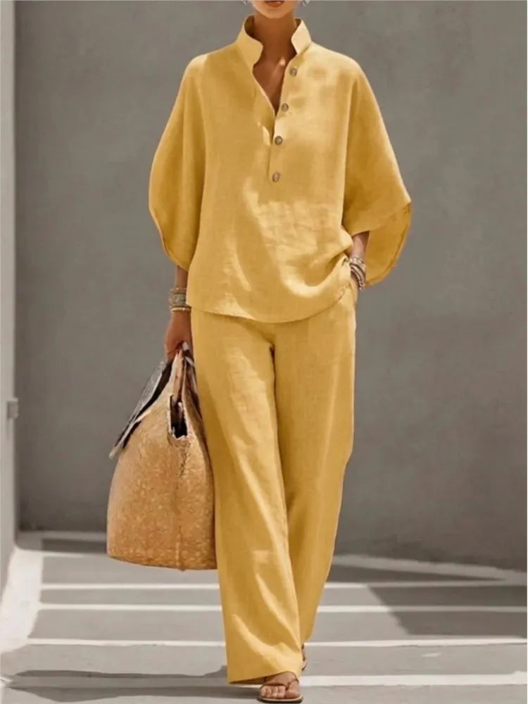 Traje de dos piezas de moda para mujer, de algodón y lino.