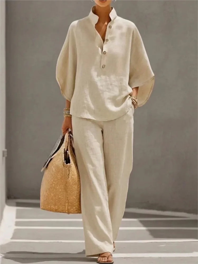Traje de dos piezas de moda para mujer, de algodón y lino, con cuello de pie y botones, mangas de tres cuartos, corte holgado; traje informal de primavera con pantalones de pierna ancha
