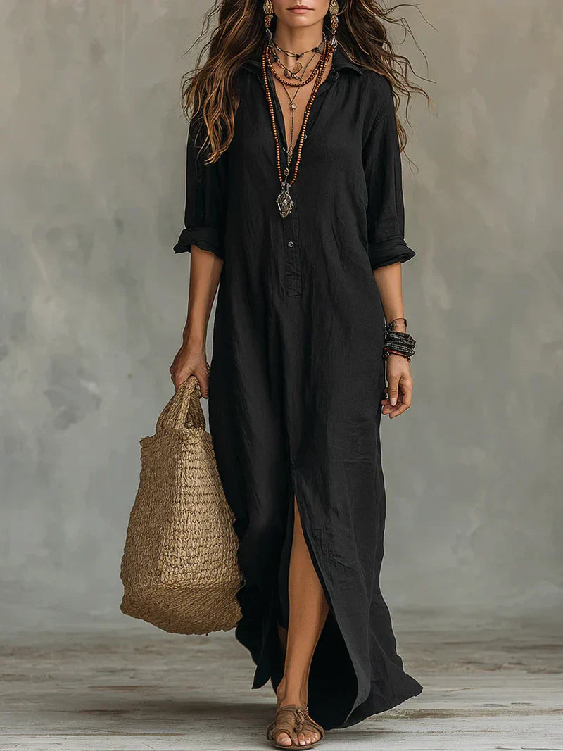 Vestido largo tipo camisa con abertura