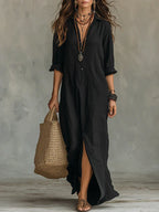 Vestido largo tipo camisa con abertura