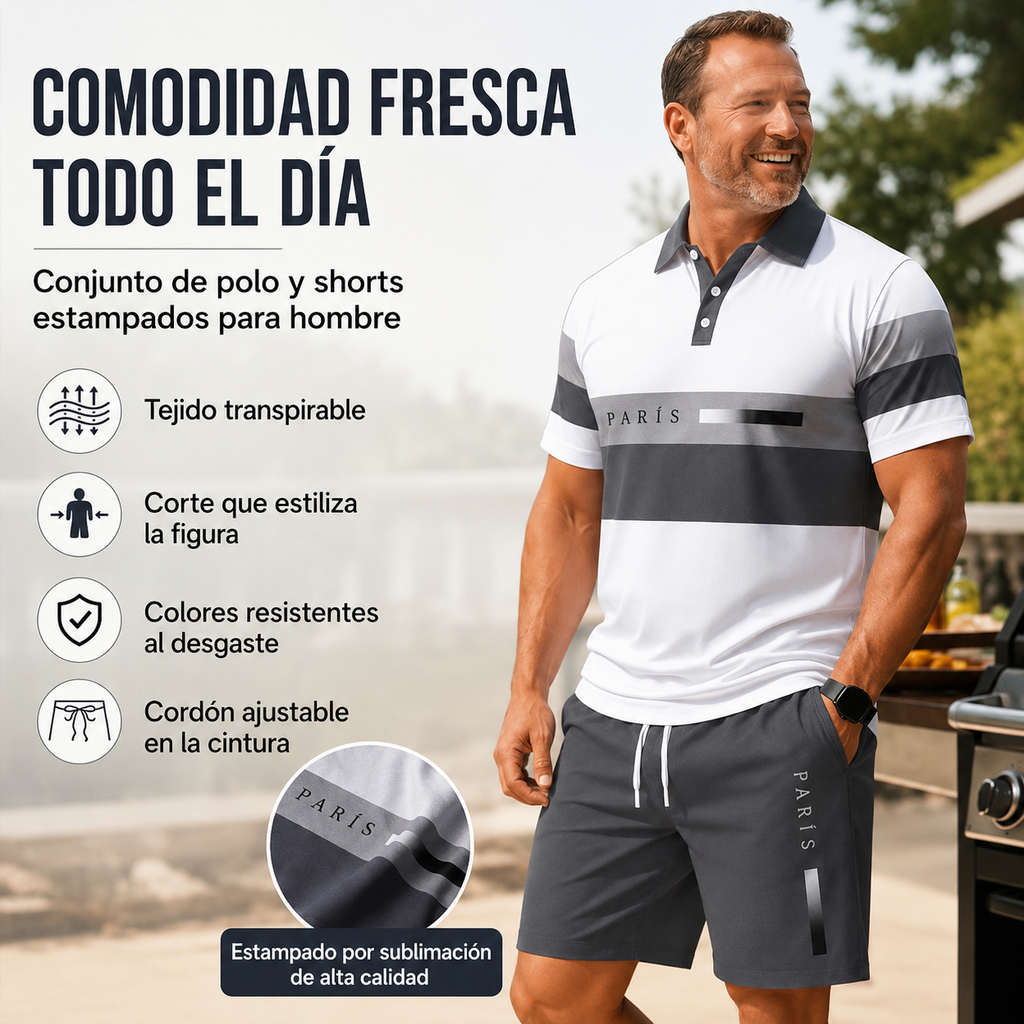 Conjunto de 2 piezas para hombre (camisa y pantalón corto)             cómodo, transpirable y versátil. Ideal para el verano, el tiempo libre y los viajes.